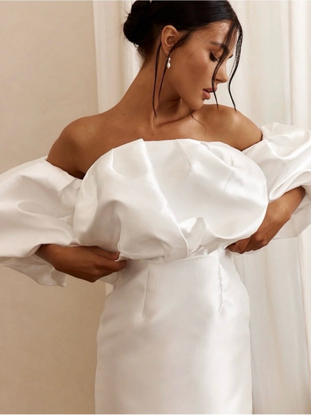 Strapless White Satin Puff-Sleeve Dress